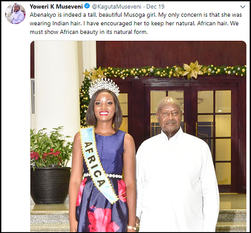 Ugandan President Stresses Importance of Natural African Beauty After Beauty Queen Wears ‘Indian Hair’ at Pageant Ugandan President Stresses Importance of Natural African Beauty After Beauty Queen Wears ‘Indian Hair’ at Pageant