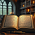 Post: The images depict a series of open books, each illuminated by flickering candlelight in dimly lit...